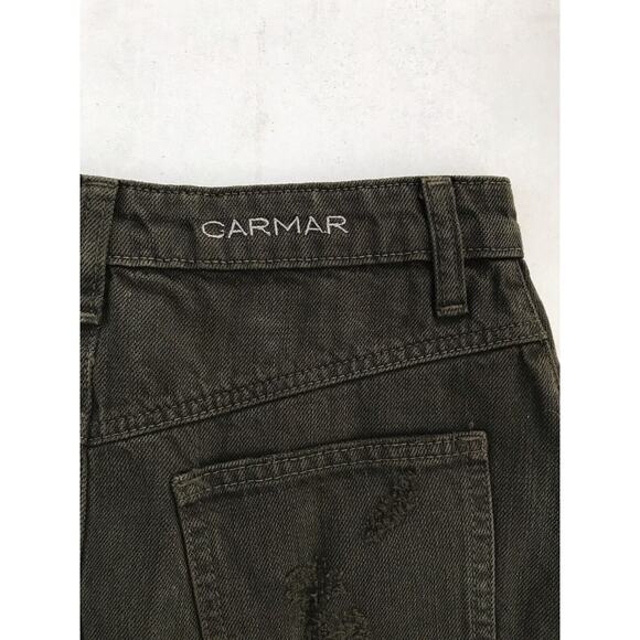 Carmar Distressed A-Line Cotton Denim Jean Mini Skirt Olive - Picture 8 of 10